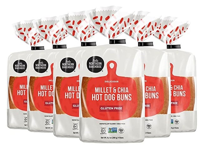 Multiple bags of Little Northern Bakehouse gluten-free millet and chia hot dog buns