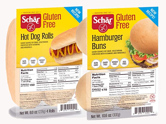 A container of Schar gluten-free hot dog rolls with a container of Schar gluten-free hamburger buns