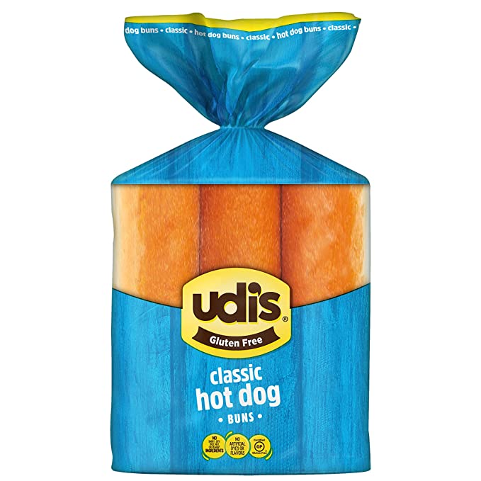 A product image of Udi's gluten-free classic hot dog buns