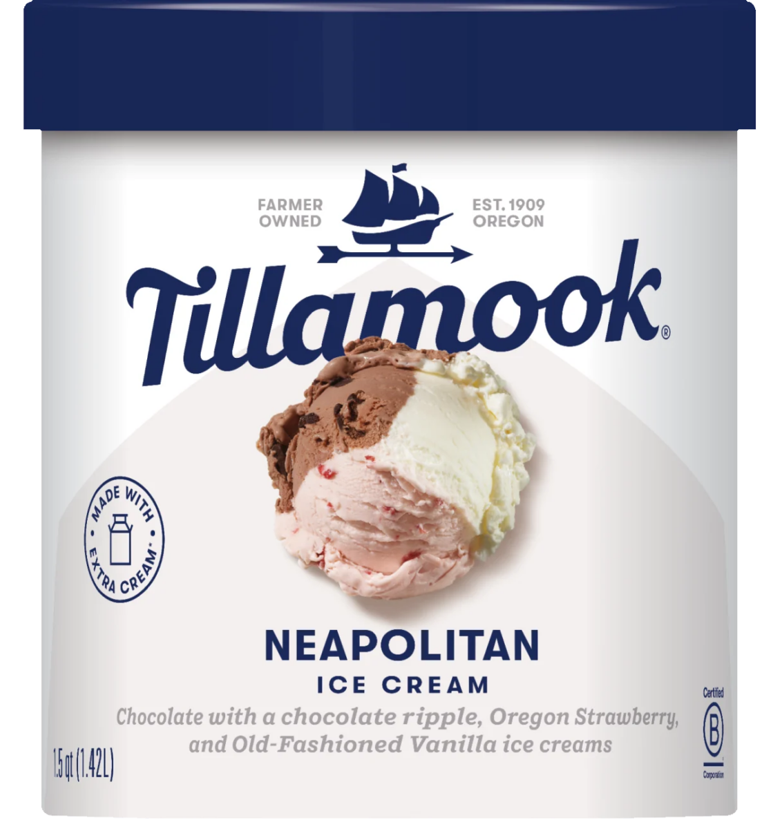 Tillamook gluten-free Neapolitan ice cream product package.
