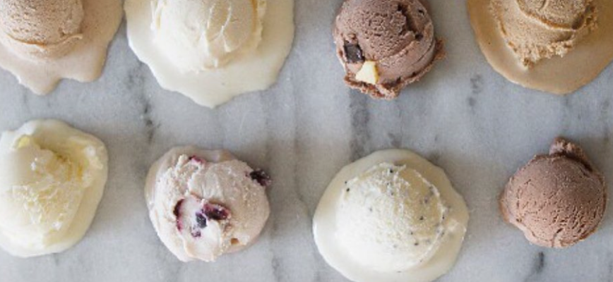 Snoqualmie Gluten-Free Ice Cream in scoops on a marble slab