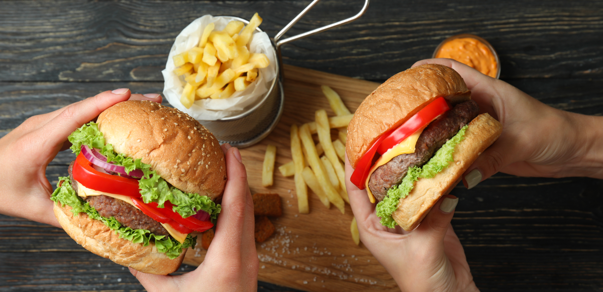 Two gluten-free hamburgers with fries