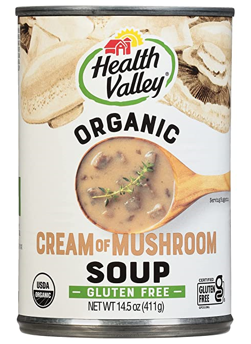 Health Valley Organic Gluten-Free Cream of Mushroom Soup product package.