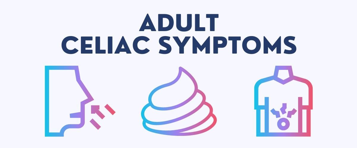 Graphic depicting three celiac disease symptoms in adults. 