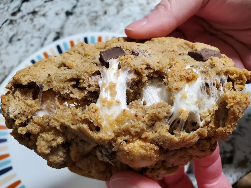 A closeup of a Good Hope Bakery Gluten-Free S'Mores Cookie with gooey marshmallows